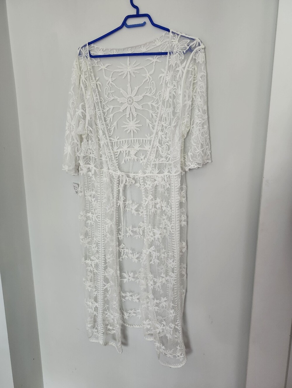 NWT Sheer White Embroidered Maxi Dress Cover Up Sun Floral Boho Beach Kimono